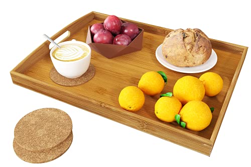 BAMEOS Serving Tray with Handle Bamboo Bed Tray with Two Coasters Food Couch Tray Works for Eating,Working,Storing,Décor, Used in Bedroom, Kitchen, Living Room, Bathroom, (16.9×12.99×1.96inches) | The Storepaperoomates Retail Market - Fast Affordable Shopping