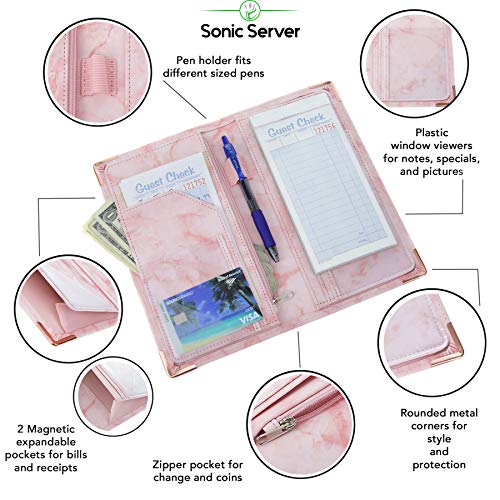 Sonic Server 5×9 11-Pocket Server Book Organizer with Double Magnetic Pockets and Zipper Pocket for Waitress Waiter Waitstaff | Marble Pink | The Storepaperoomates Retail Market - Fast Affordable Shopping