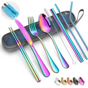 Portable Travel Utensils Silverware set with Case,Reusable Trave Stainless Steel Camping Cutlery set with Chopsticks and Straw, Portable Flatware with Case for Office School Picnic BF(Rainbow))