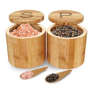 Scavyn Premium Bamboo Salt and Pepper Bowls – Salt Cellar with Magnetic Swivel Lids and Spoons – Salt Box Set of 2 – Salt Container for Kitchen Countertop – 3.5 x 3.0 inches – 6 oz