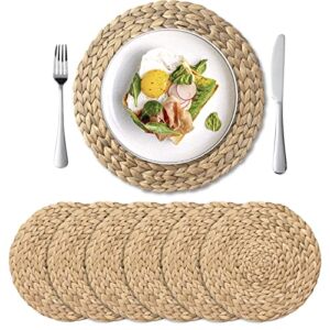 6 Pack 13.8″ Woven Placemats, Natural Hand-Woven Water Hyacinth Placemats, Round Braided Rattan Tablemats for Dining Table, Large Weave Round Place Mats Heat Resistant Non-Slip Table Mats, 13.8 Inch