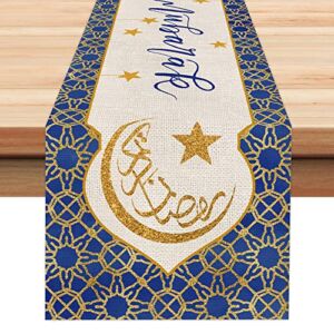 Ramadan Mubarak Moon and Star Table Runner 13×72 Inches Seasonal Eid Kareem Decor Holiday Farmhouse Indoor Vintage Theme Gathering Dinner Party Decorations AT197