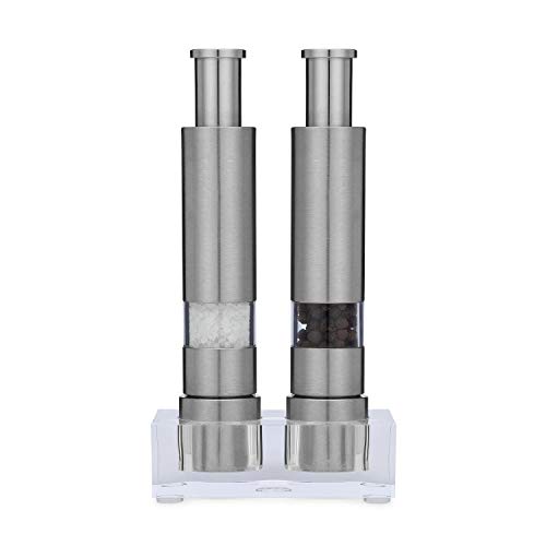 Grind Gourmet Salt and Pepper Grinder Set, Original Pump & Grind Peppermill are Refillable, Modern Thumb Press Grinder, Comes with Black Pepper, Sea Salt and Stand, Works With Himalayan Salts | The Storepaperoomates Retail Market - Fast Affordable Shopping