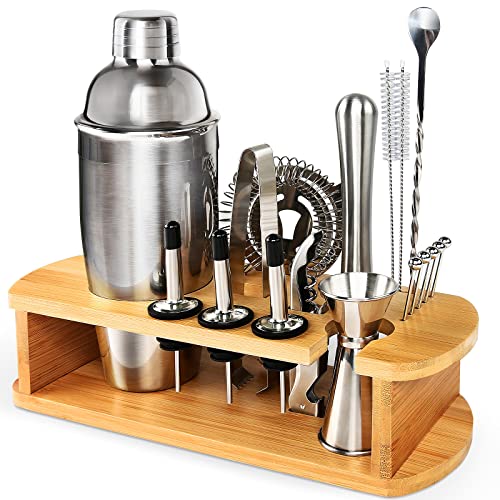 HOKEKM Cocktail Shaker Set with All Accessories, Bar Tool Bartender Kit with 24 oz Stainless Steel Martini Mixer, Bamboo Stand for Drink Mixing,Home,Bar,Party, 18pcs, HKK-02, Silver | The Storepaperoomates Retail Market - Fast Affordable Shopping