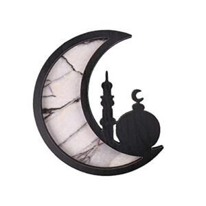 PTYQU Wooden Star Moon Shaped Ramadan Tray, Marble Pattern Tableware Tray Eid Mubarak Party Serving Wood Display Decoration Home Ornament (Black)
