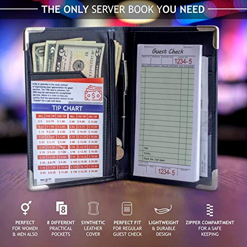 MaryOnArt Waiter Server Book and Apron – Waitress Book 8.2”x5.2” Guest Check Zipper Pouch – Server Wallet Pads Holder Money Pocket Restaurant Waitstaff with Free Waist Apron Black and One Tip Chart | The Storepaperoomates Retail Market - Fast Affordable Shopping