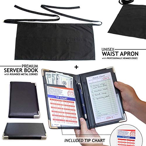 MaryOnArt Waiter Server Book and Apron – Waitress Book 8.2”x5.2” Guest Check Zipper Pouch – Server Wallet Pads Holder Money Pocket Restaurant Waitstaff with Free Waist Apron Black and One Tip Chart | The Storepaperoomates Retail Market - Fast Affordable Shopping