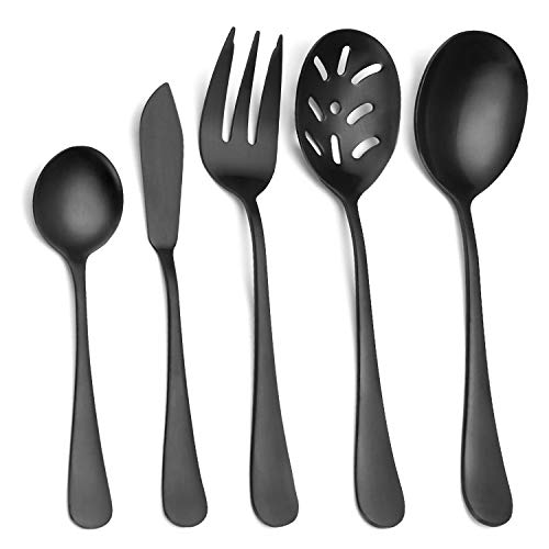 Matte Black Serving Set，SHARECOOK 5-Piece 18/0 Stainless Steel Large Hostess Set with Round Edge, Satin Finished, Dishwasher Safe -Spoons, Forks,Butter Knife& Slotted Spoon | The Storepaperoomates Retail Market - Fast Affordable Shopping