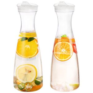 Jucoan 2 Pack 50 oz Plastic Carafe Water Pitcher, Clear Beverage Carafe with Flip Top Lid, Narrow Neck for Iced Tea, Powdered Juice, Cold Brew, Lemonade