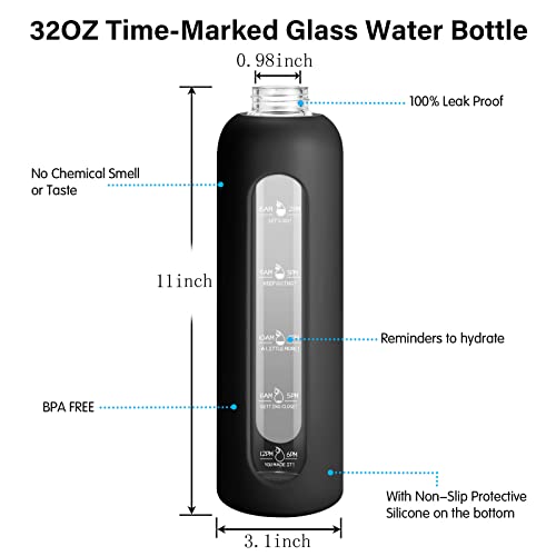Sursip 32oz Glass Water Bottle with Time Marker, Water Bottle with Silicone Sleeve and Bamboo Lid,1 Liter Reusable Glass Water Drinking Bottles,With Ice Cube Tray, Leak Proof, BPA Free | The Storepaperoomates Retail Market - Fast Affordable Shopping