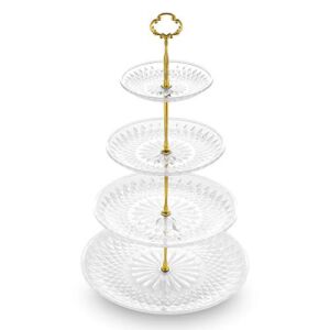 NWK 3/4-Tier Cupcake Stand with Crystal-Clear Plastic Plates and Metal Struts Dessert Stable Tower Display Rack Serving Tray for Wedding Birthday Bridal Shower Autumn NYE Tea Party (Gold)
