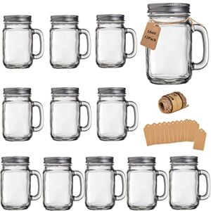 TANGLONG Mason Jar Cups, Mason Jars With Handle And Lids, Mason Jar Drinking Glasses, Glass Mason Jar Mugs 16 oz –12 Pack
