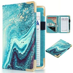 CoBak Server Book – Waitress Book Organizer with Zipper Pouch for Restaurant Waitstaff, 5 Large Pockets with Pen Holder, Green Marble.