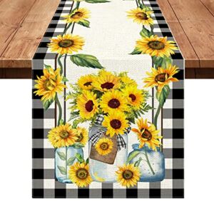 Hexagram Sunflower Table Runners 13×72 Inches, Farmhouse Table Runner for Kitchen, Burlap Table Runner for Spring/Summer/Fall Decor