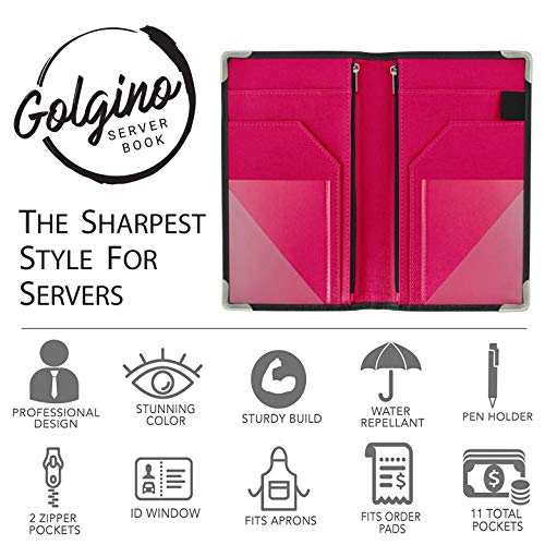 Golgino Server Book for Waitress & Waiter 9 x 5 Inch, Two Zipper Pockets & ID Holder, Premium Receipt Organizer Wallet Fits Aprons, 11 Money Pockets Perfect for Server Banking (Black/Magenta) | The Storepaperoomates Retail Market - Fast Affordable Shopping