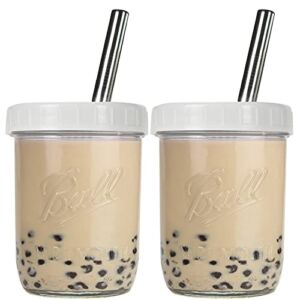 Bubble Tea Cups 2 Pack, Reusable Wide Mouth Smoothie Cups, Iced Coffee Cups With White Lids and Silver Straws Ball Mason Jars Glass Cups, Travel Glass Drinking Bottle (16oz, Silver Straws)