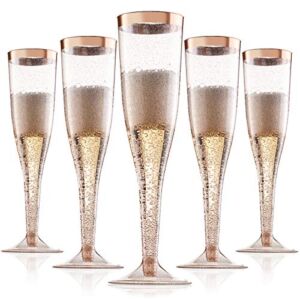 Rose Gold Plastic Champagne Flutes Disposable – Rose Gold Glitter with a Rose Gold Rim – [1 Box of 36 ] 6.5 Oz – Elegant Stylish Mimosa Glasses Perfect for Weddings Bachelorette Party, Catered Events