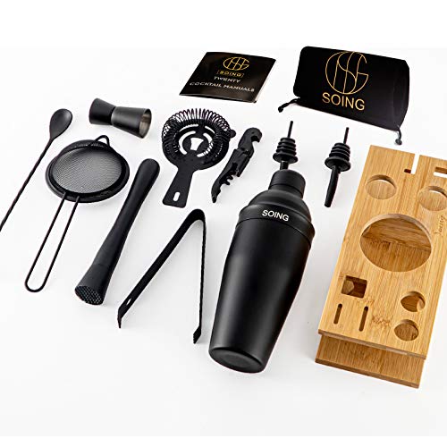 Soing 11-Piece Black Bartender Kit,Perfect Home Cocktail Shaker Set for Drink Mixing,Stainless Steel Bar Tools with Stand,Velvet Carry Bag & Cocktail Recipes Cards (Black) | The Storepaperoomates Retail Market - Fast Affordable Shopping