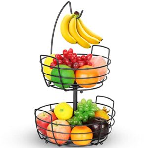 Bextsrack 2 Tier Fruit Basket Bowl with Banana Hanger for Kitchen Countertop, Portable & Detachable Fruit Vegetable Storage Holder Display for Kitchen – Black
