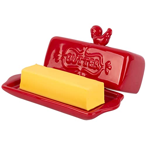 MosJos Butter Dish with Lid – Premium Butter Keeper with Rooster Finial – Ceramic Butter Dish for Countertop, Fridge – Beautiful Red Color and Practical Design – Ideal for Housewarming, Christmas | The Storepaperoomates Retail Market - Fast Affordable Shopping