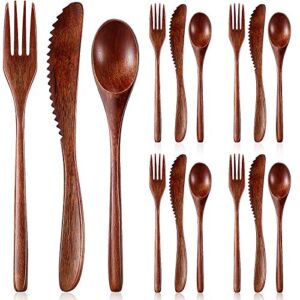 Wooden Spoon Fork Knife Cutlery Set Wooden Dinner Utensil Set Kitchen Wooden Flatware Tableware Cutlery Set Includes Wooden Spoon, Fork, Knife (12 Pieces)