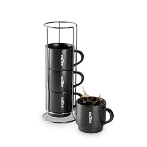 LAUCHUH Stackable Coffee Mug Set with Rack – 15 Ounce for Coffee, Tea, Cocoa, Milk, Christmas Mugs Gift Set of 4 Black Matte,Black