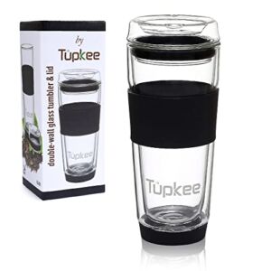 Tupkee Double Wall Glass Tumbler – 14-Ounce, All Glass Reusable Insulated Tea/Coffee Mug & Lid, Hand Blown Glass Travel Mug – Black