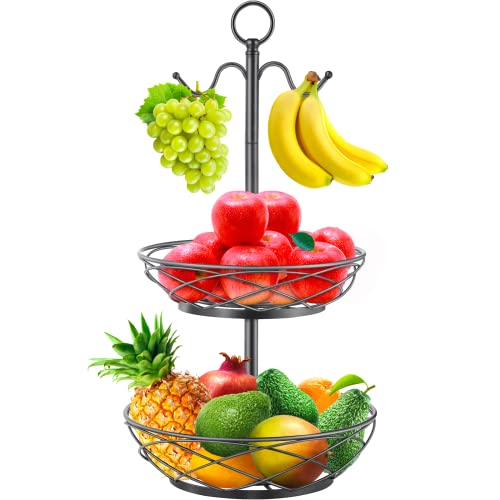 Fruit Basket – 2 Tier Fruit Bowl with Banana Hanger for Kitchen Counter Fruit Holder – Elegant Black | The Storepaperoomates Retail Market - Fast Affordable Shopping
