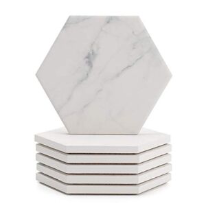 Sweese Hexagon Absorbent Coaster Sets of 6 – Marble Pattern Ceramic Drink Coaster with Cork Base for Tabletop Protection, Great for Kinds of Cups, Home Decor, No. 242.101