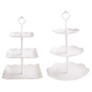 2 Set 3-Tier White Dessert Cake Stand, Plastic Pastry Stand Small Cupcake Stand Cookie Tray Rack Candy Buffet Set Up Fruit Plate and Trays for Wedding Home Birthday Party Decor Serving Platter