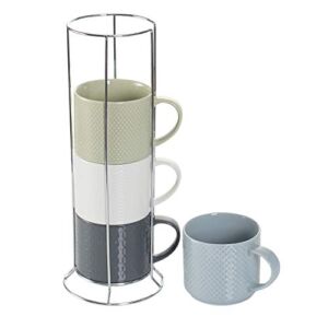 Hasense Stackable Porcelain Coffee Mugs Set of 4 with Metal Stand, 15 Ounce Embossed Cappuccino Cups for Specialty Coffee Drinks and Tea, Multi Color