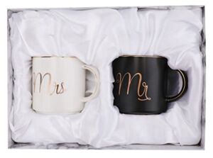 Yesland 12 oz Mr and Mrs Mug, Ceramic Coffee Mug for the Couple, Ideal Gift for Engagement, Anniversary, His and Hers, Bride and Groom, Valentines and Christmas Gifts – Set of 2 (Black & White)