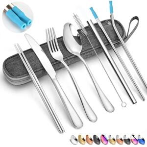 Travel Reusable Utensils Silverware with Case,Travel Camping Cutlery set,Chopsticks and Straw Portable Flatware with Case, Stainless steel Travel Utensil set 8 Piece AF(Silver)