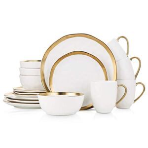 Stone Lain Porcelain 16 Piece Dinnerware Set, Service for 4, White and Golden Rim