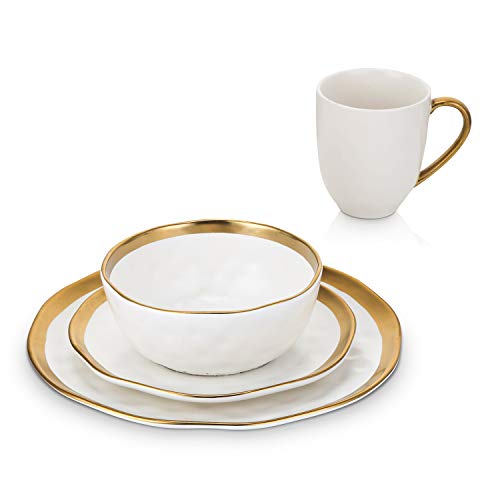 Stone Lain Porcelain 16 Piece Dinnerware Set, Service for 4, White and Golden Rim | The Storepaperoomates Retail Market - Fast Affordable Shopping