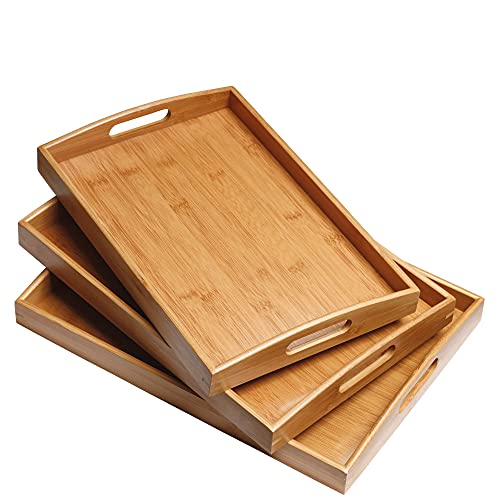 TENMOR Serving Tray Set, Bamboo Serving Tray Set with Handles – Set of 3, Large, Medium, and Small Tray, Multi-use Bamboo Wood Serving Tray Set for Food, Breakfast, Dinner, Party, Tea/Coffee and More | The Storepaperoomates Retail Market - Fast Affordable Shopping