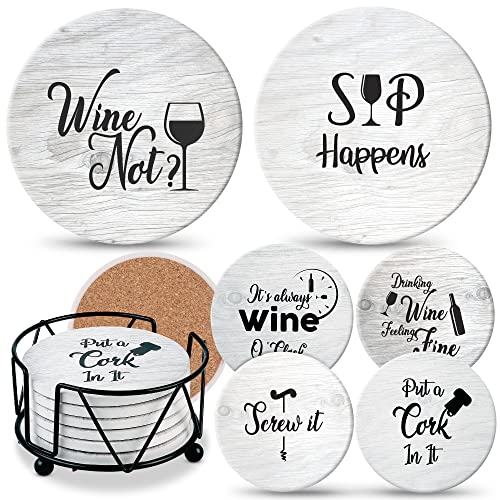 Coasters for Drinks Absorbents with Holder – 6 Pcs Gift Set with 6 Funny Sayings for Wine Lovers – Ceramic Stone with Corked Back, Unique Present for Housewarming, Living Room Decor | The Storepaperoomates Retail Market - Fast Affordable Shopping