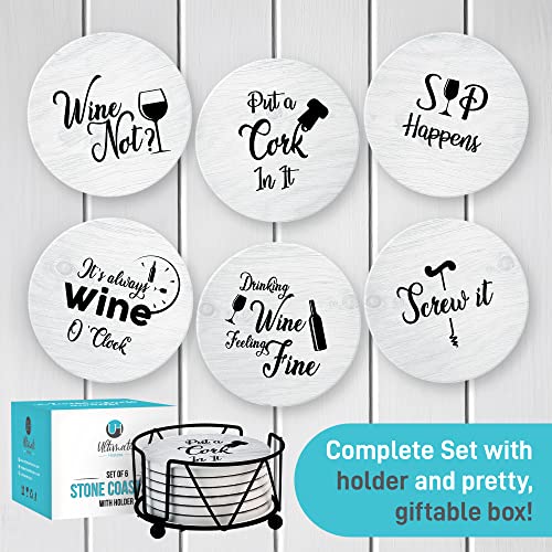 Coasters for Drinks Absorbents with Holder – 6 Pcs Gift Set with 6 Funny Sayings for Wine Lovers – Ceramic Stone with Corked Back, Unique Present for Housewarming, Living Room Decor | The Storepaperoomates Retail Market - Fast Affordable Shopping