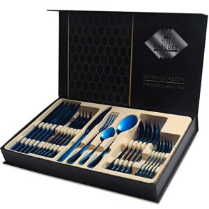 Blue Silverware Set，24-Piece Stainless Steel Flatware Service for 6, Mirror Finish Cutlery Set with Gift Box