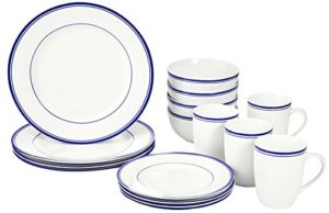 Amazon Basics 16-Piece Cafe Stripe Kitchen Dinnerware Set, Plates, Bowls, Mugs, Service for 4, Blue
