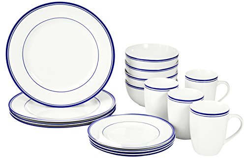 Amazon Basics 16-Piece Cafe Stripe Kitchen Dinnerware Set, Plates, Bowls, Mugs, Service for 4, Blue | The Storepaperoomates Retail Market - Fast Affordable Shopping