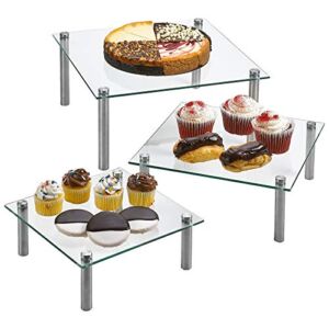 3 Tier Square Tempered Glass Display Stand 8, 10, 13 Inch for Cake, Cupcakes, Desserts, Bakery, Appetizers – Set of 3 Glass Retail Display Raiser. (Clear)