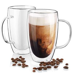 Double Wall Glass Coffee Mugs Set of 2, 16 oz Insulated Coffee Mug with Handle, Clear Borosilicate Glass Coffee Cups for Cappuccino, Tea, Lightweight and Microwave Safe, Ideal Gift for Christmas