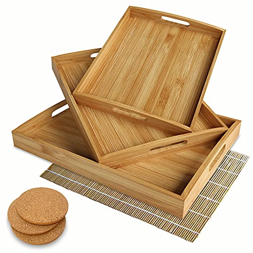 Set of 3 Large Bamboo Serving Trays – Large Serving Tray with Handles – Coffee Table Tray – Food Tray – Bed Tray | The Storepaperoomates Retail Market - Fast Affordable Shopping