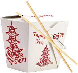 Greaseproof 32oz Chinese Take Out Box With Chopsticks. 25pk Large Food Containers With 50pk Sleeved and Separated Bamboo Chop Sticks. Stackable To-Go Pails for Wedding, Party, and Asian Restaurant