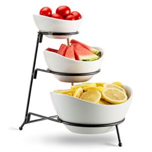 HBlife 3 Tier Oval Bowl Set with Metal Rack, Ceramic Fruit Bowl Serving, Tiered Serving Stand for Dessert Appetizer Cake Candy Chip Dip (Black)