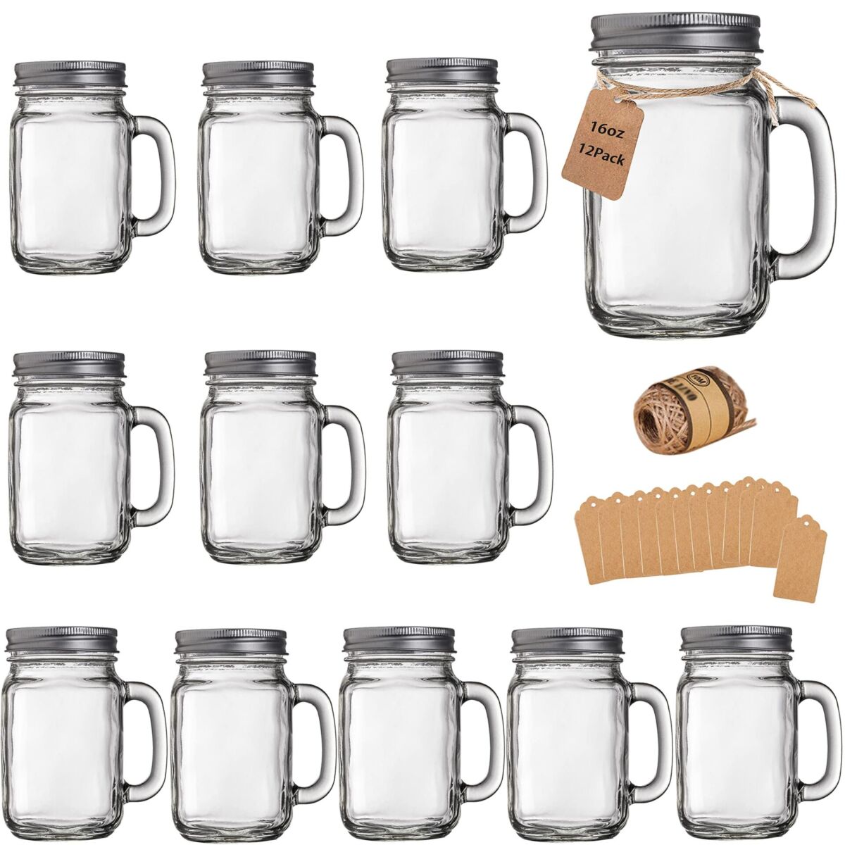TANGLONG Mason Jar Cups, Mason Jars With Handle And Lids, Mason Jar Drinking Glasses, Glass Mason Jar Mugs 16 oz –12 Pack | The Storepaperoomates Retail Market - Fast Affordable Shopping