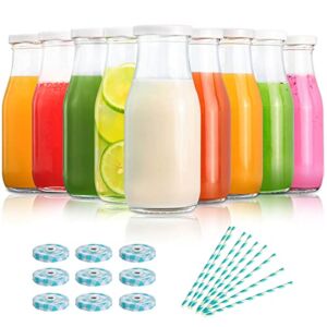 YEBODA 11oz Glass Milk Bottles with Reusable Metal Twist Lids and Straws for Beverage Glassware and Drinkware Parties, Weddings, BBQ, Picnics, Set of 9