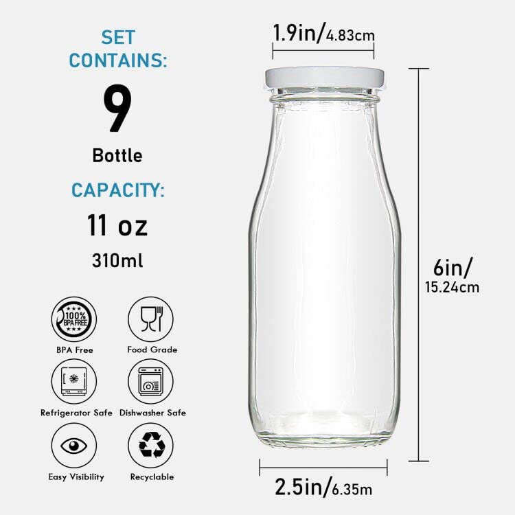 YEBODA 11oz Glass Milk Bottles with Reusable Metal Twist Lids and Straws for Beverage Glassware and Drinkware Parties, Weddings, BBQ, Picnics, Set of 9 | The Storepaperoomates Retail Market - Fast Affordable Shopping