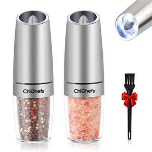 Gravity Electric Salt and Pepper Grinder Set, Automatic Salt and Pepper Mill Grinder, Battery Operated with White LED Light, Adjustable Coarseness, One Handed Operation, Stainless Steel by ChiChefs